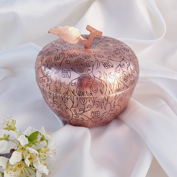 Engraved Copper Sugar Bowl with Apple Design
