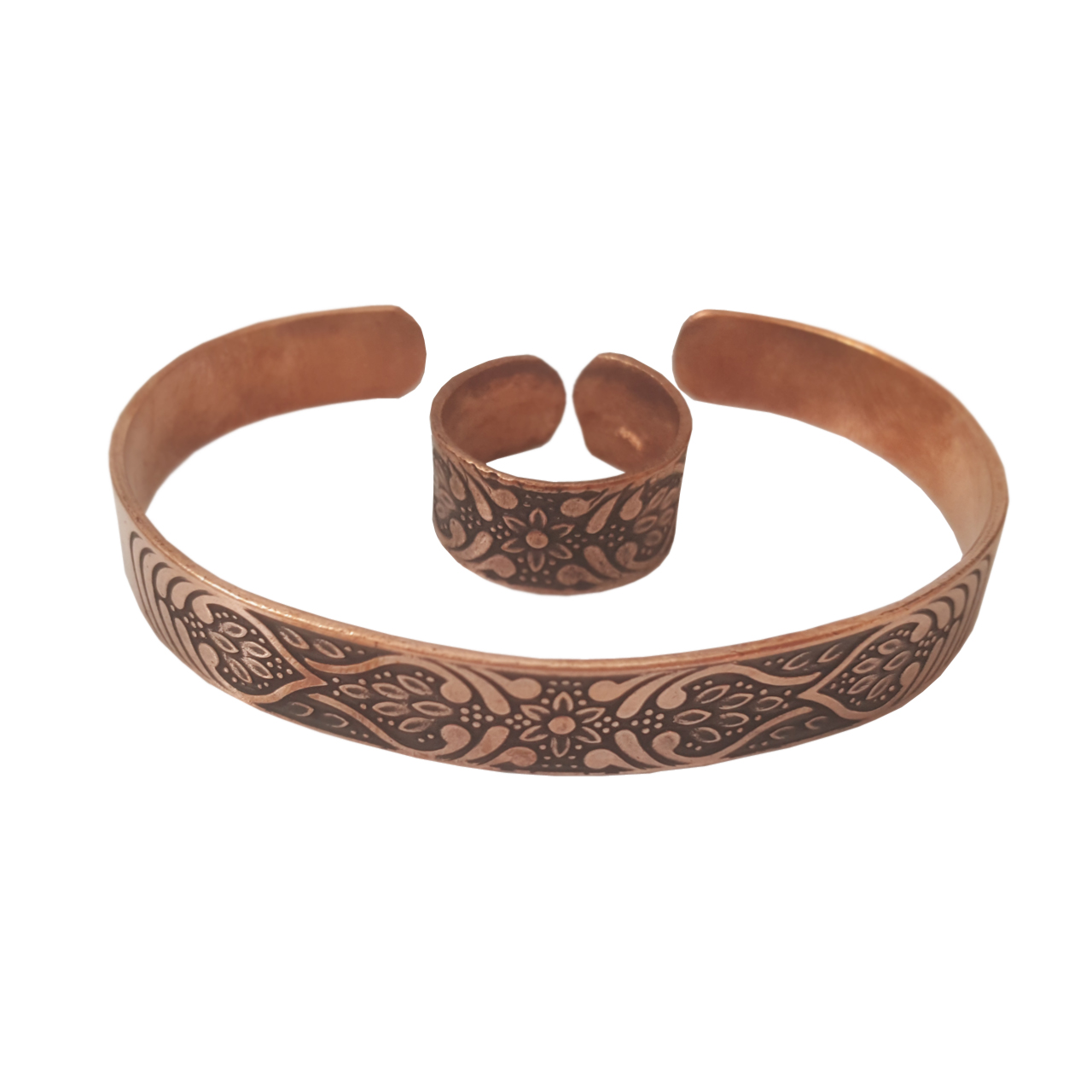 Adjustable Copper Ring and Bracelet Set for Kids – Engraved Floral Design