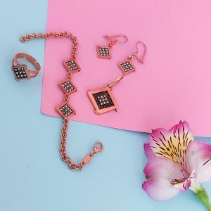 Copper Diamond Shape Jewelry Set Adorned With Gems JW371
