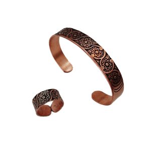 Engraved Solid Copper Bracelet Ring Set – Floral & Ivy Design