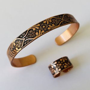 Adjustable Copper Ring and Bracelet Set for Kids – Engraved Floral Design JW45.2