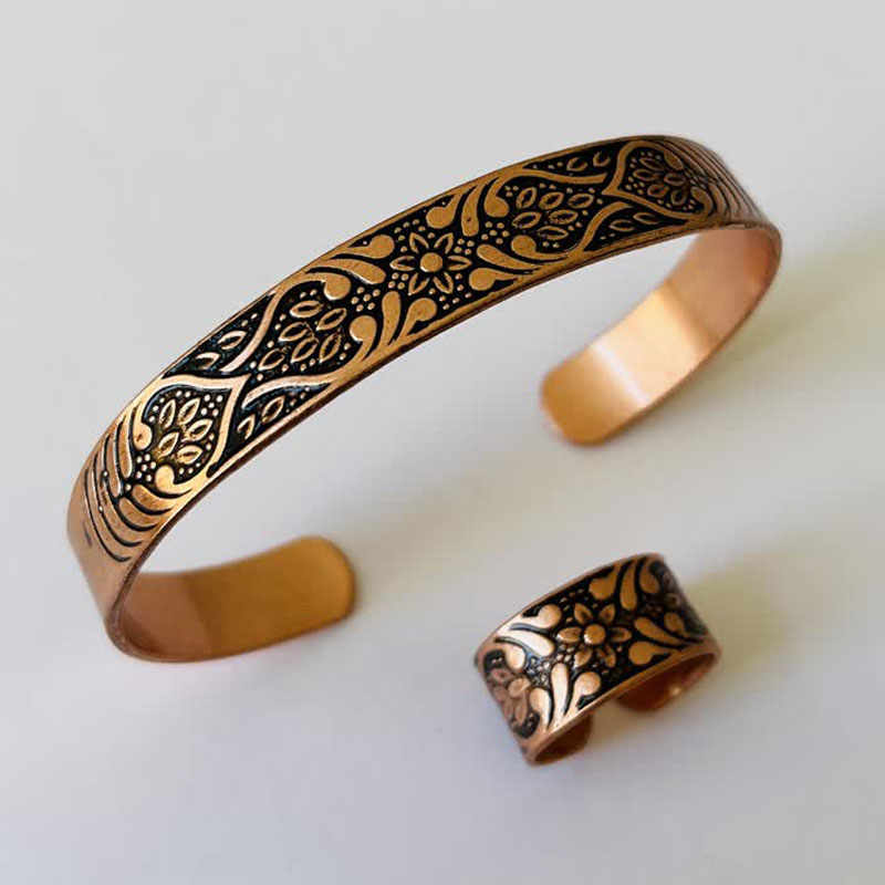 Adjustable Copper Ring and Bracelet Set for Kids – Engraved Floral Design
