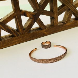 Vintage Floral Copper Bracelet & Ring Set – Unisex Adjustable Jewelry JW58.2