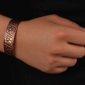 Wide Copper Bracelet for Women with Embossed Floral Motif JW99
