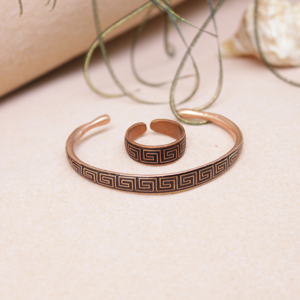Greek key or Meander Pattern Copper Bracelet and Ring Set