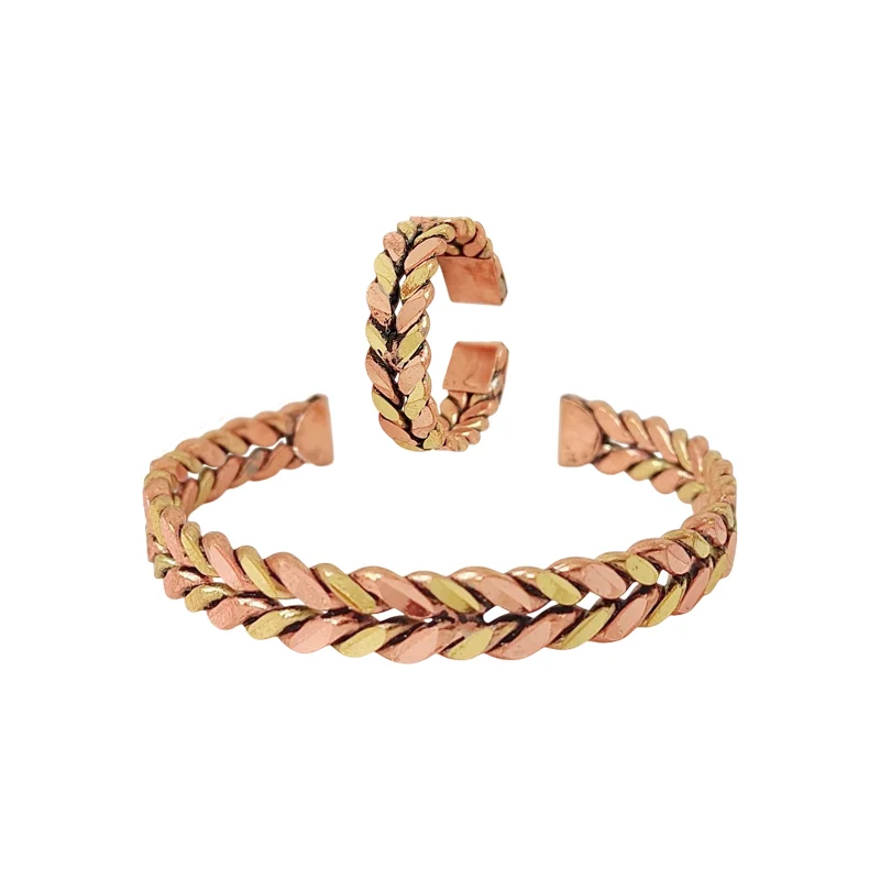 Two-Tone Bracelet and Ring Set Copper and Brass | Adjustable Unisex Braided Jewelry | Vintage-Inspired Matching Gift Set JW641.2
