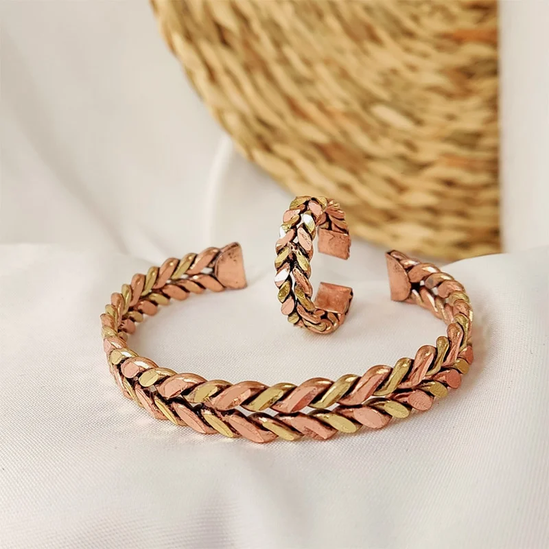 Two-Tone Bracelet and Ring Set Copper and Brass | Adjustable Unisex Braided Jewelry | Vintage-Inspired Matching Gift Set JW641.2 - Image 5