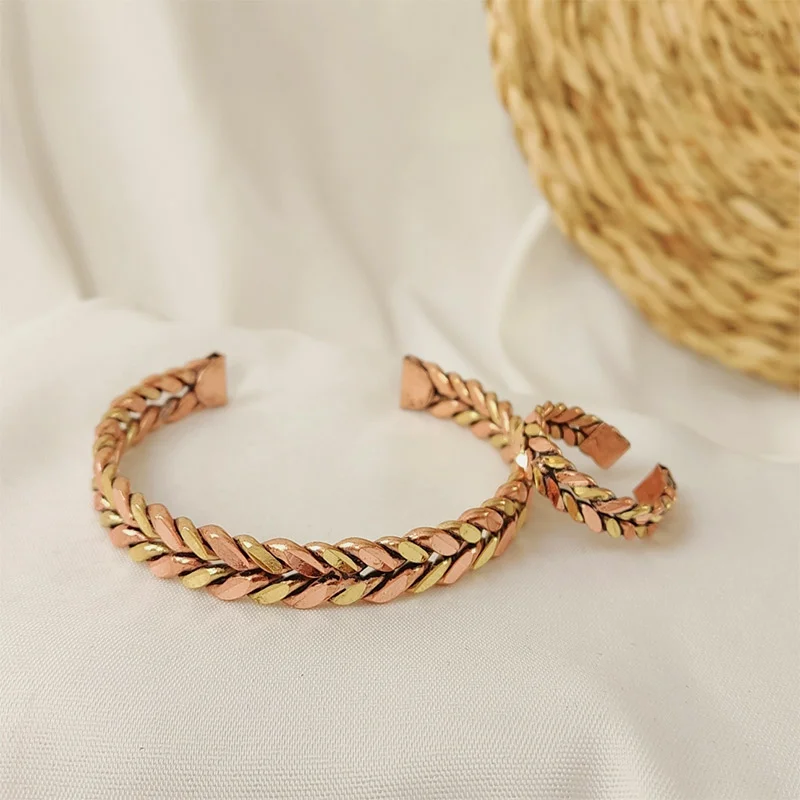Two-Tone Bracelet and Ring Set Copper and Brass | Adjustable Unisex Braided Jewelry | Vintage-Inspired Matching Gift Set JW641.2 - Image 6