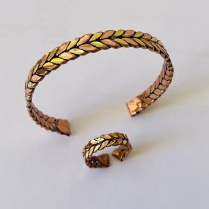 Two-Tone Bracelet and Ring Set Copper and Brass | Adjustable Unisex Braided Jewelry | Vintage-Inspired Matching Gift Set JW641.2
