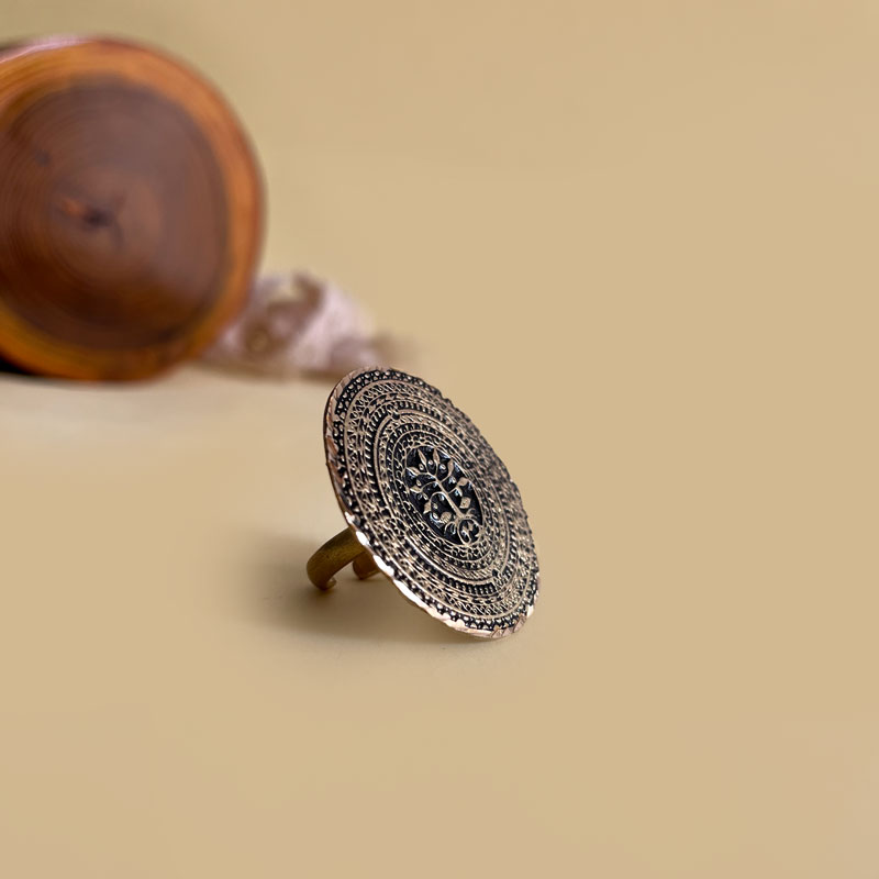 Tribal Big Round Russian gold Ring with Engraved Tree