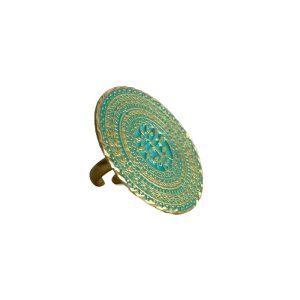 Large Russian Gold Ring with Turquoise Patina and Engraved Tree