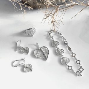 Persian Chrome Plated Copper Filigree Heart Jewelry Set – Earrings, Ring, Pendant & Bracelet JW554