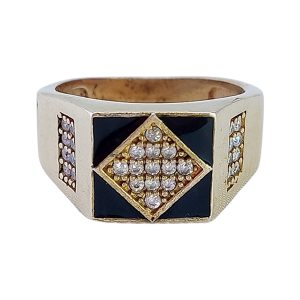Russian Gold Men’s Ring with Black Enamel Inlay and Clear Stones
