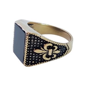 Fleur-de-Lis Men’s Russian Gold Ring with Square Black Stone – Elegant Vintage Style Signet JW560