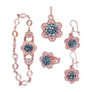Persian Copper Filigree and Turquoise Jewelry Set – Handcrafted Floral Design