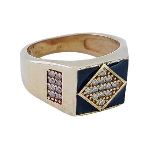 Russian Gold Men’s Ring with Black Enamel Inlay and Clear Stones JW557