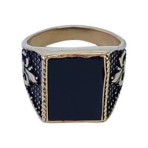 Fleur-de-Lis Men's Russian Gold Ring with Square Black Stone – Elegant Vintage Style Signet