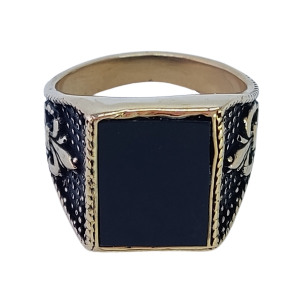 Fleur-de-Lis Men's Russian Gold Ring with Square Black Stone – Elegant Vintage Style Signet