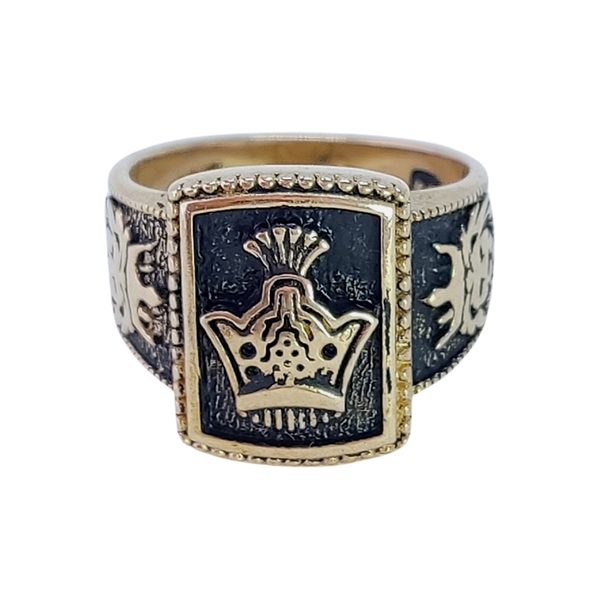 Persian Crown Ring for Men in Russian Gold with Lion Engravings