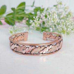 Hammered Copper Leaf Cuff Bracelet – Adjustable Floral Vine Design JW572