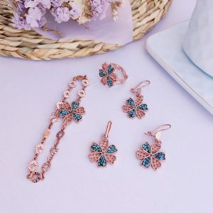 Handmade Persian Turquoise and Copper Floral Jewelry Set – Filigree with Turquoise Inlay | Firooze Koobi & Malileh | Earrings, Ring, Bracelet, Pendant JW505