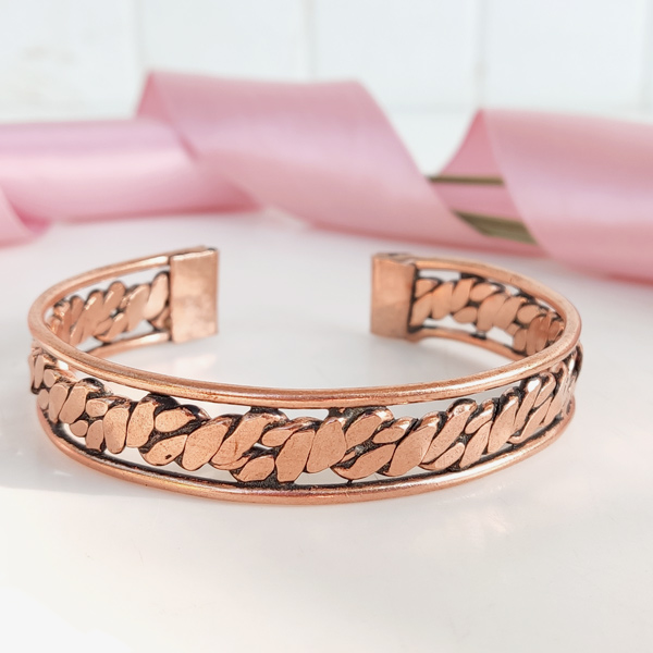 Textured Copper Chain Pattern Cuff – Vintage Boho Copper Bracelet for Men & Women