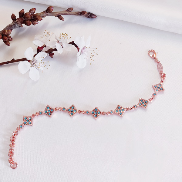 Copper Bracelet with Blue Gems – 7 Diamond-Shaped Links, Elegant Chain Design
