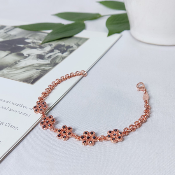 Floral Copper Chain Bracelet for Women with Black Marcasite Accents