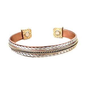 Magnetic Copper Healing Bracelet – Triple Metal Cuff with Brass & Chrome Trim, Adjustable Therapy Jewelry for Men & Women