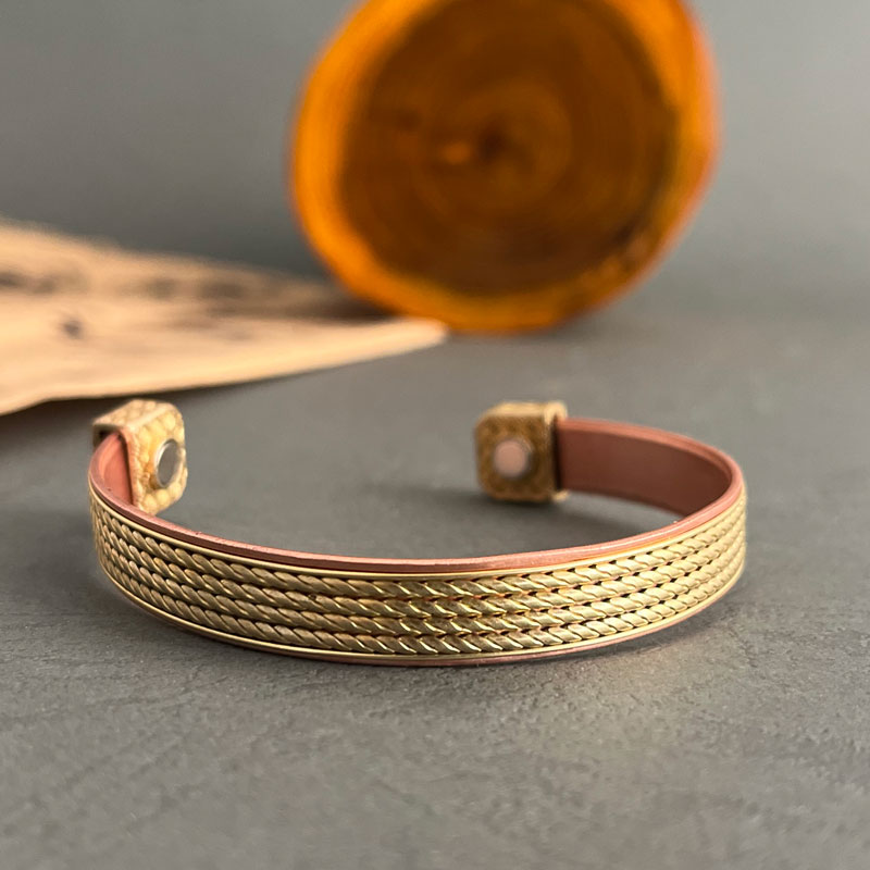 Woven Magnetic Copper Bracelet – Brass Tone Adjustable Cuff for Men & Women