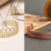 Copper bracelet and brass bangle displayed together for jewelry contrast