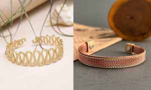 Copper bracelet and brass bangle displayed together for jewelry contrast
