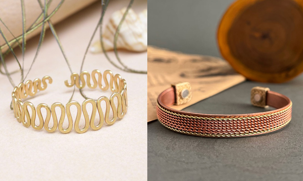 Copper bracelet and brass bangle displayed together for jewelry contrast