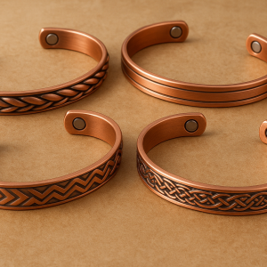 Magnetic copper bracelet displayed with natural healing stones