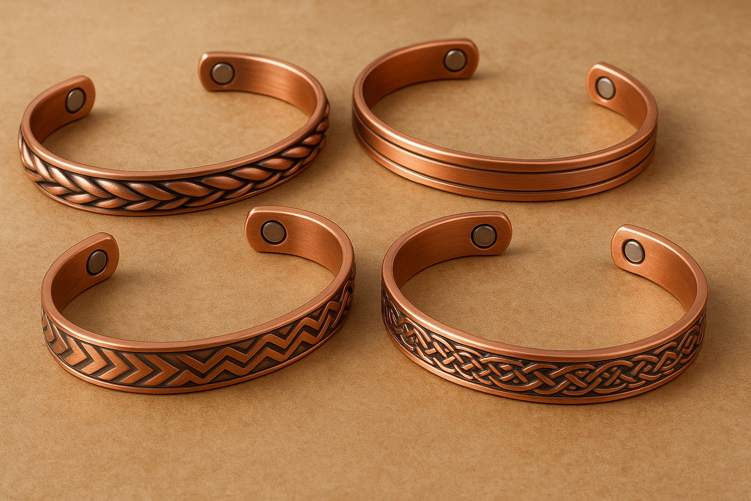 Magnetic copper bracelet displayed with natural healing stones