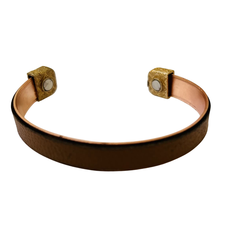 Magnetic copper leather bracelet with minimalist unisex cuff design
