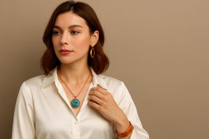 Visual guide on how to style copper jewelry from day (simple studs) to night (dangling earrings).